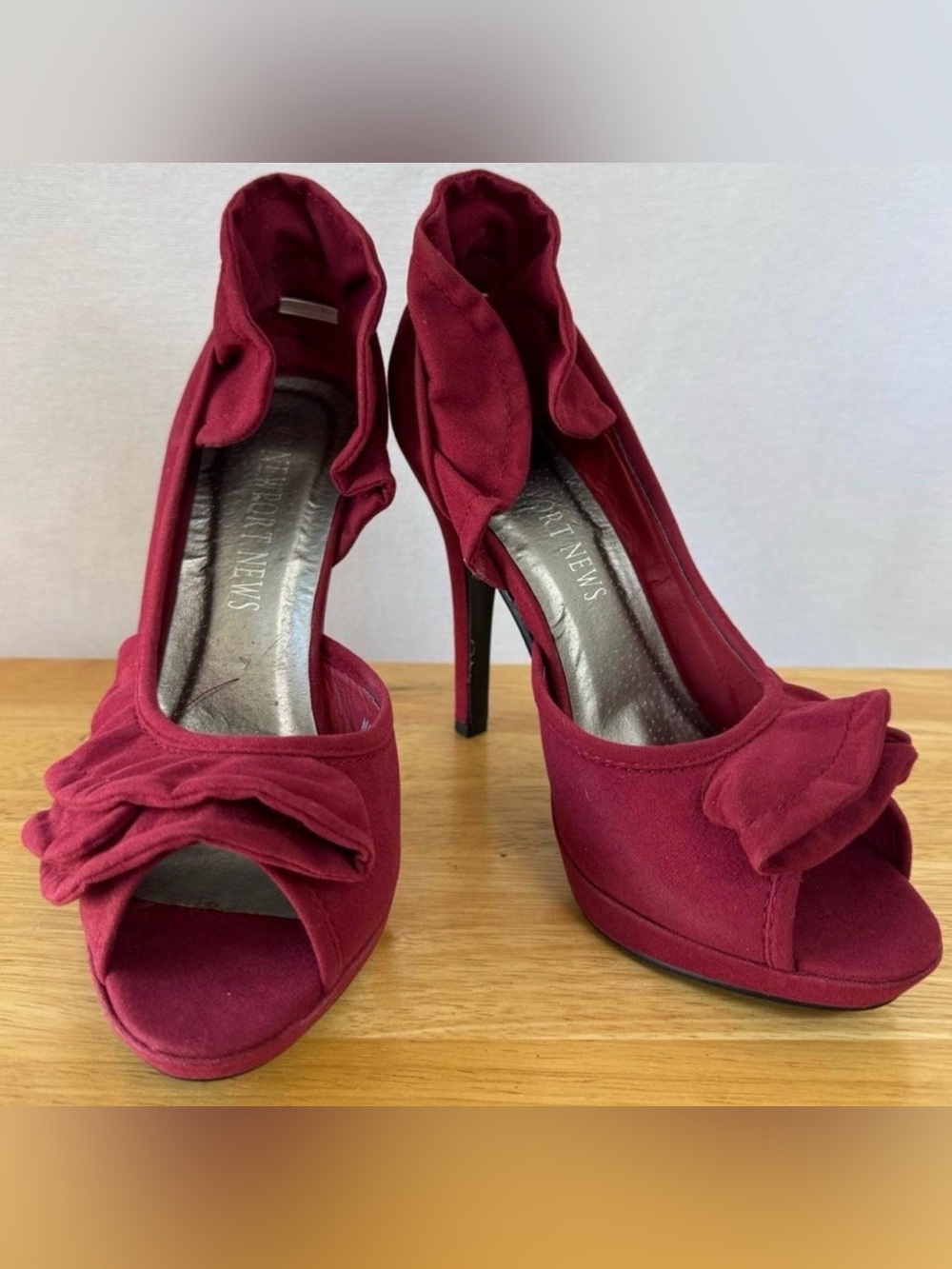 Burgundy Peep-Toe Suede Pumps with Ruffle Detail, Size 7